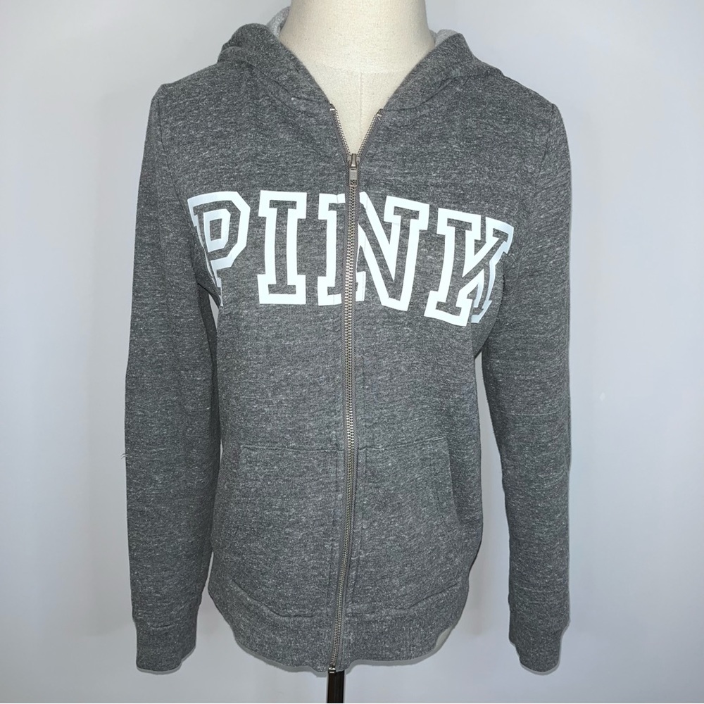 PINK VICTORIA’S SECRET Heather Gray White Full Zip Hoodie Hooded Jacket Small